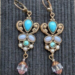 Extasia earrings with turquoise, freshwater pearls & vintage drop bead. 2" long,